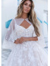 Beaded Ivory Floral Lace Tulle Cape Wedding Dress